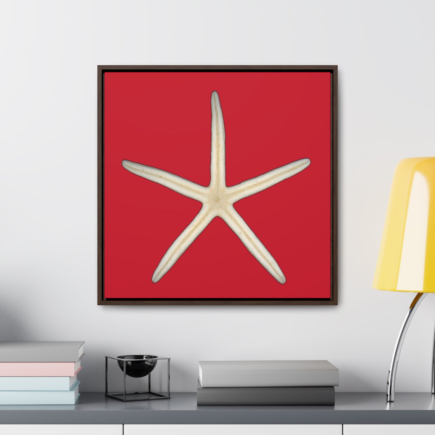 Finger Starfish Shell Bottom | Framed Canvas | Red Background