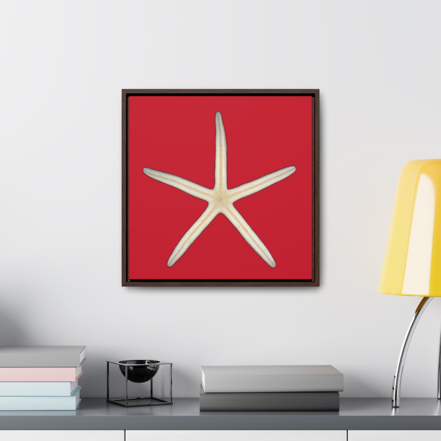 Finger Starfish Shell Bottom | Framed Canvas | Red Background