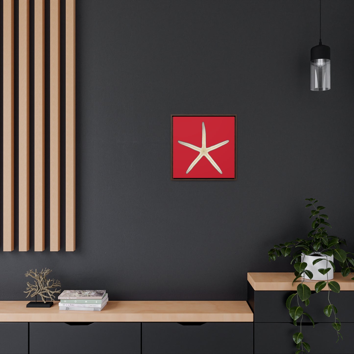 Finger Starfish Shell Bottom | Framed Canvas | Red Background