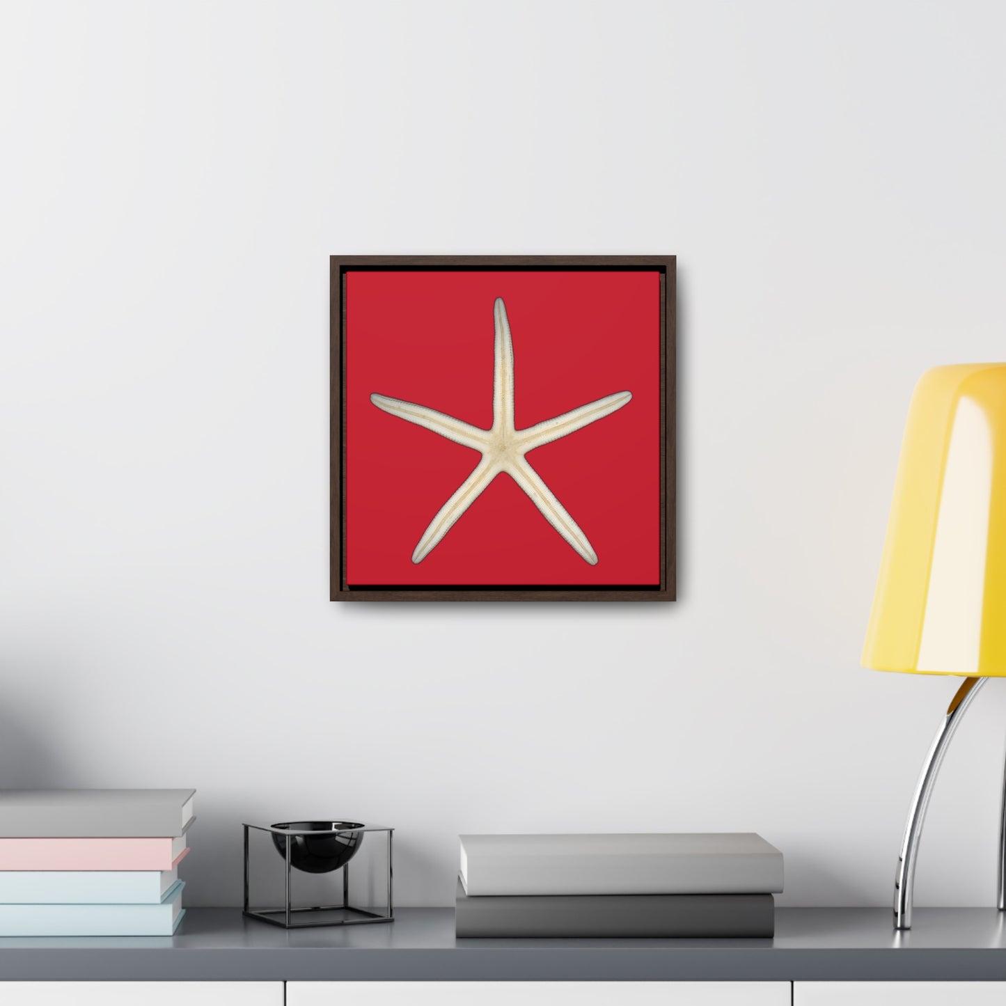 Finger Starfish Shell Bottom | Framed Canvas | Red Background
