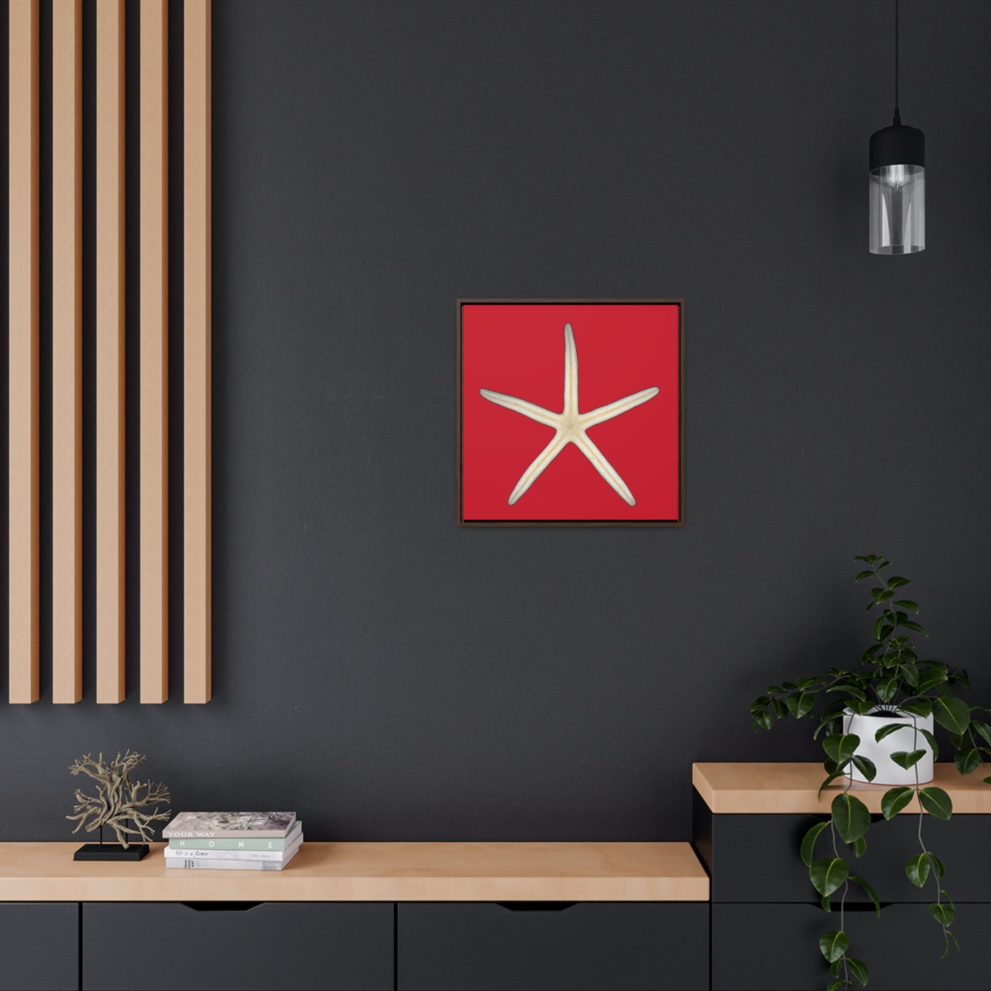 Finger Starfish Shell Bottom | Framed Canvas | Red Background