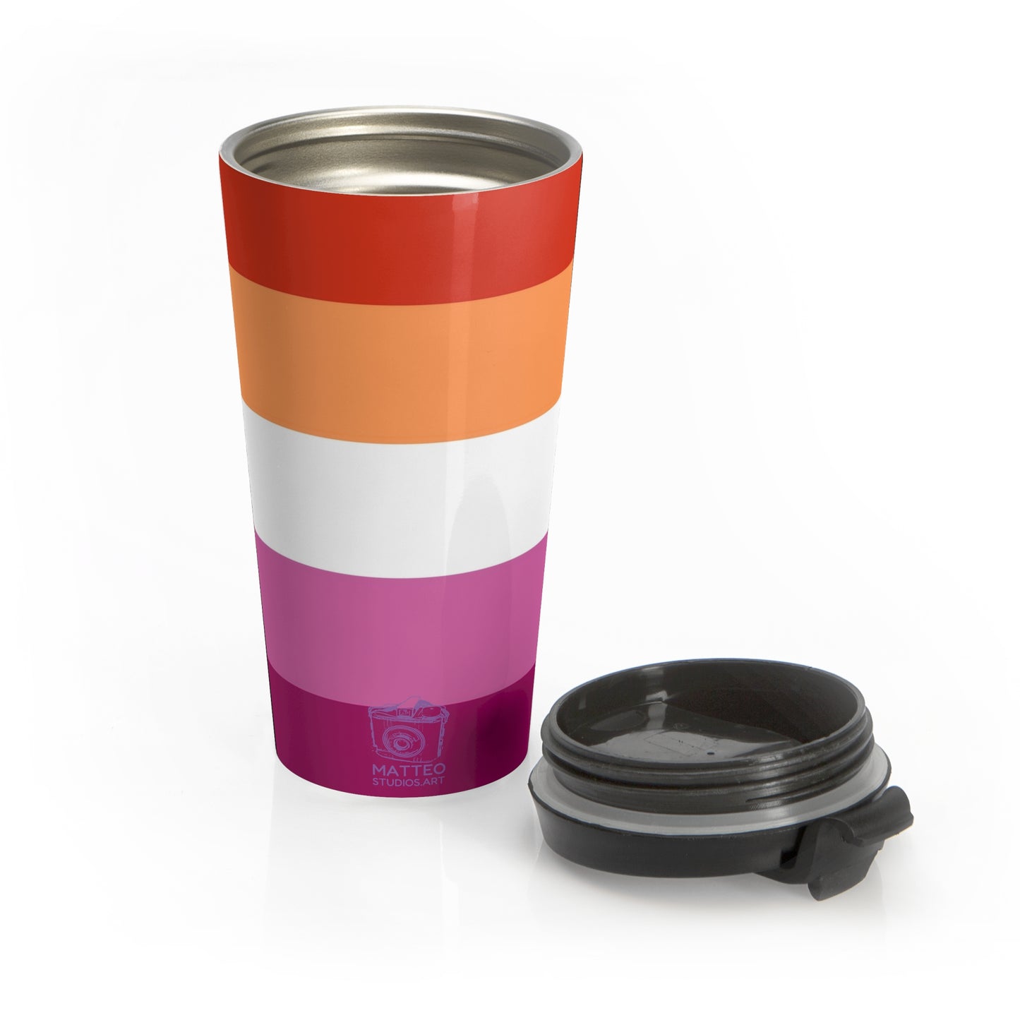 Lesbian Pride Flag 5 Stripes | Stainless Steel Travel Mug | 15oz | Orange White Pink