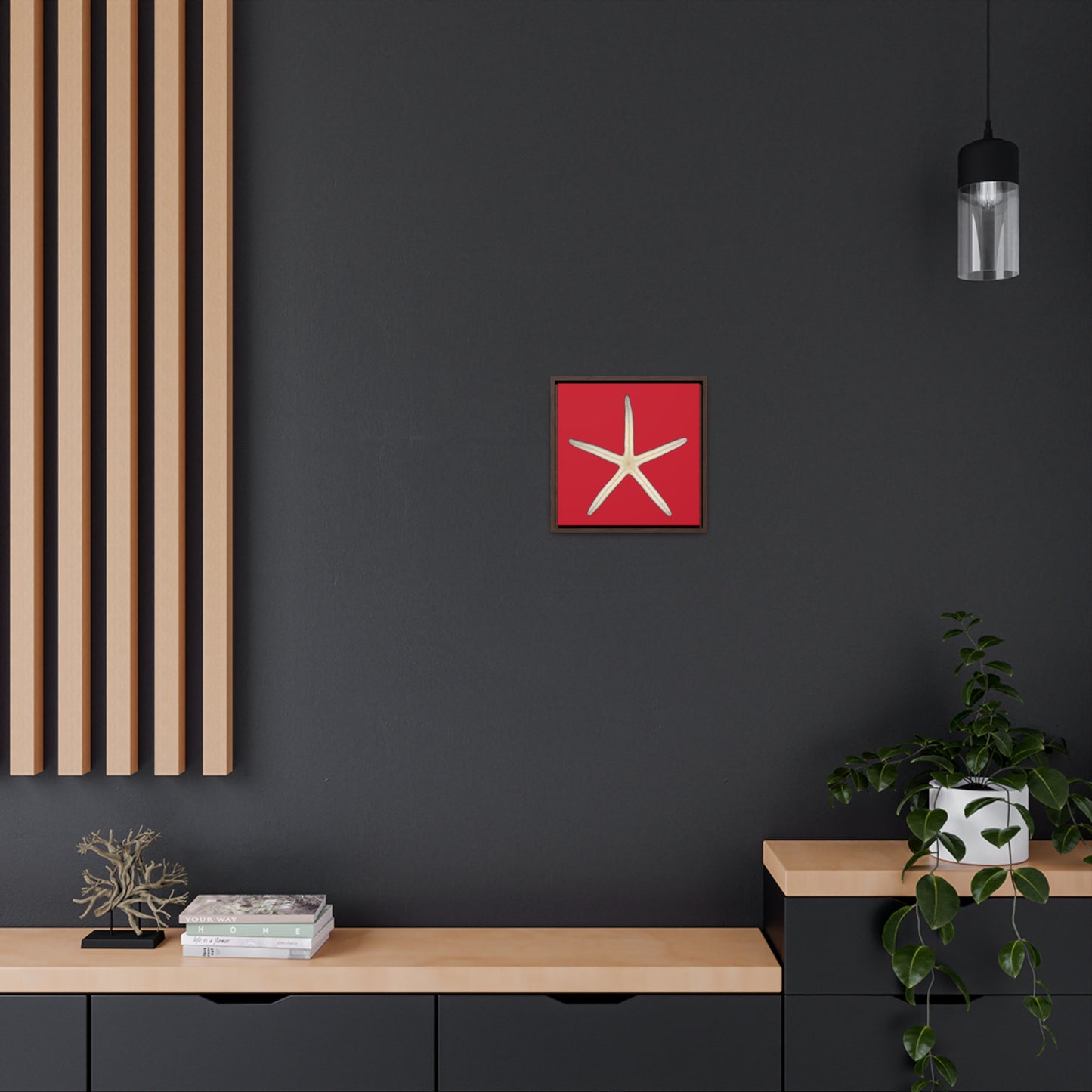 Finger Starfish Shell Bottom | Framed Canvas | Red Background