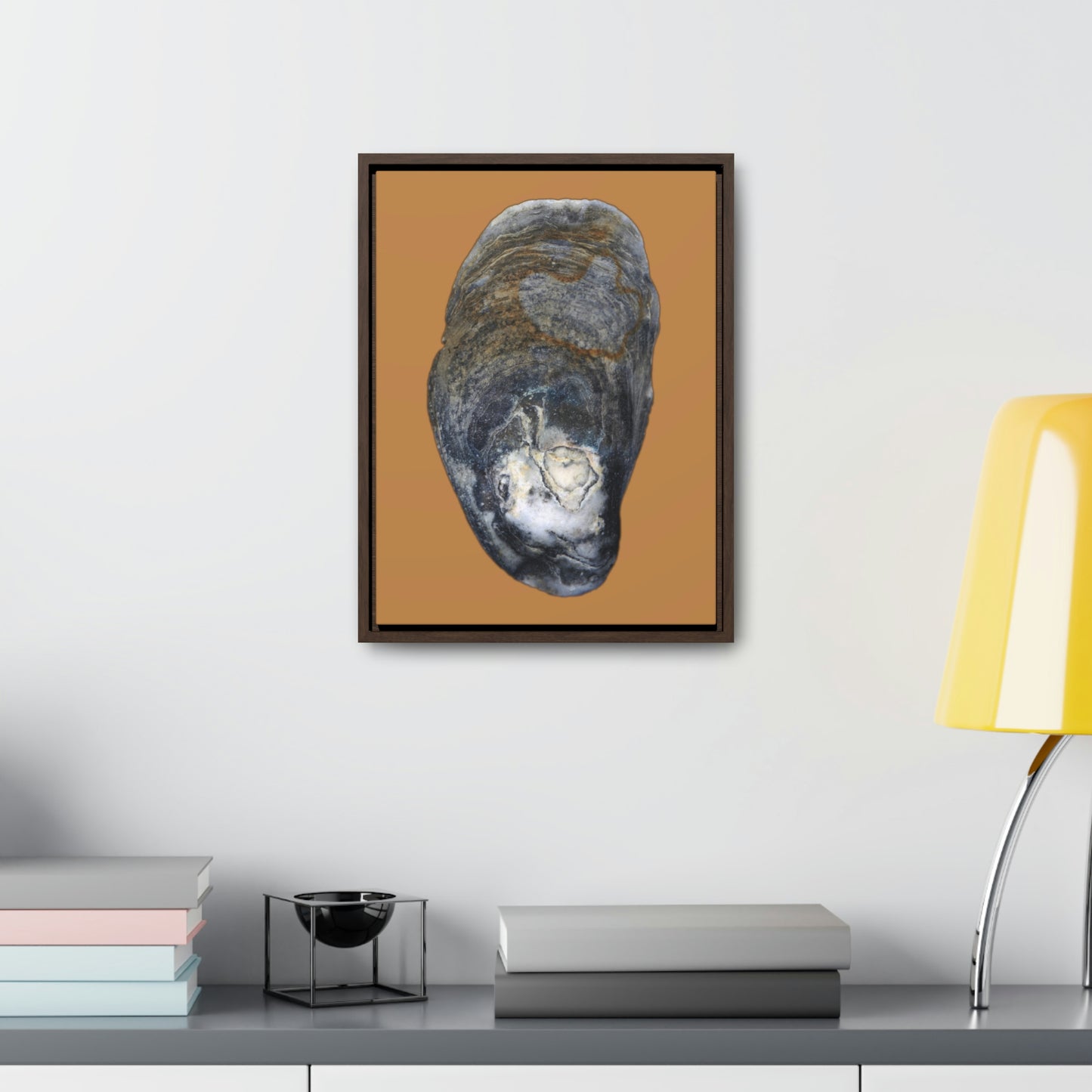 Oyster Shell Blue Right Exterior | Framed Canvas | Camel Brown Background