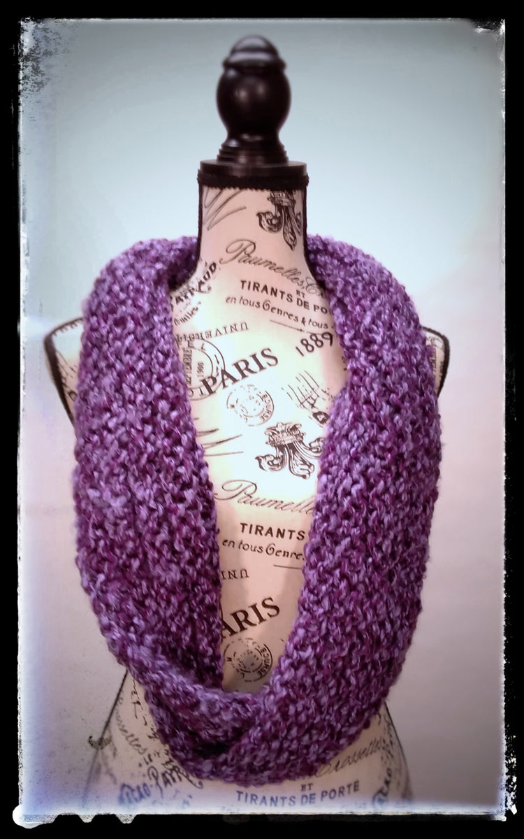 "Amethyst Dream" Hand Knit Twisted Infinity Scarf was created with Loops & Threads Country Loom soft and cozy Super Bulky acrylic yarn in Nobility colorway, worn long.