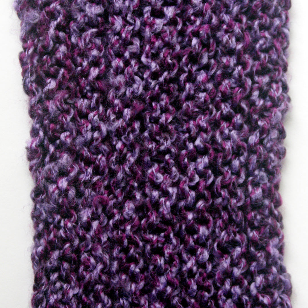"Amethyst Dream" Hand Knit Twisted Infinity Scarf was created with Loops & Threads Country Loom soft and cozy Super Bulky acrylic yarn in Nobility colorway, detail.