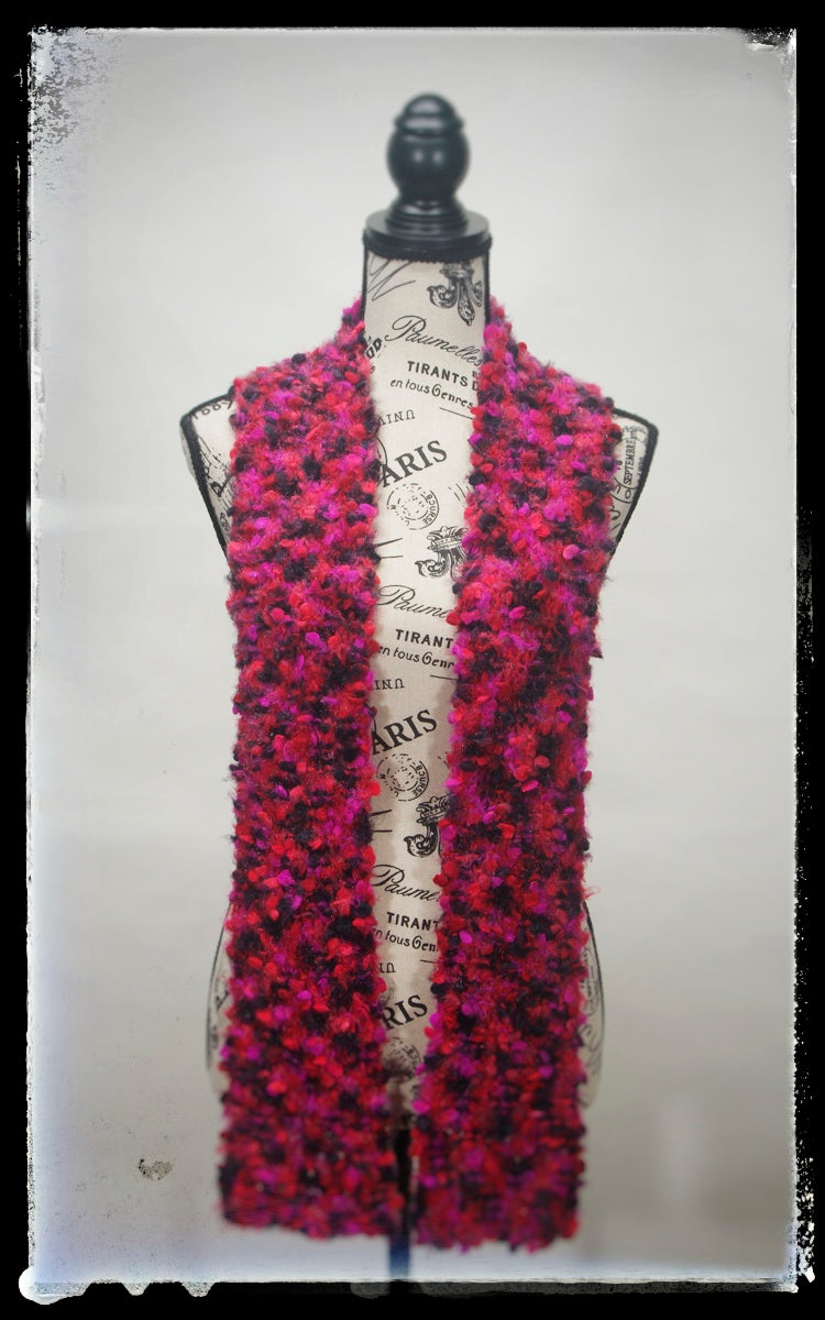Scarf Hand-Knit Traditional | "Red Hot Pink" | Red Pink Black