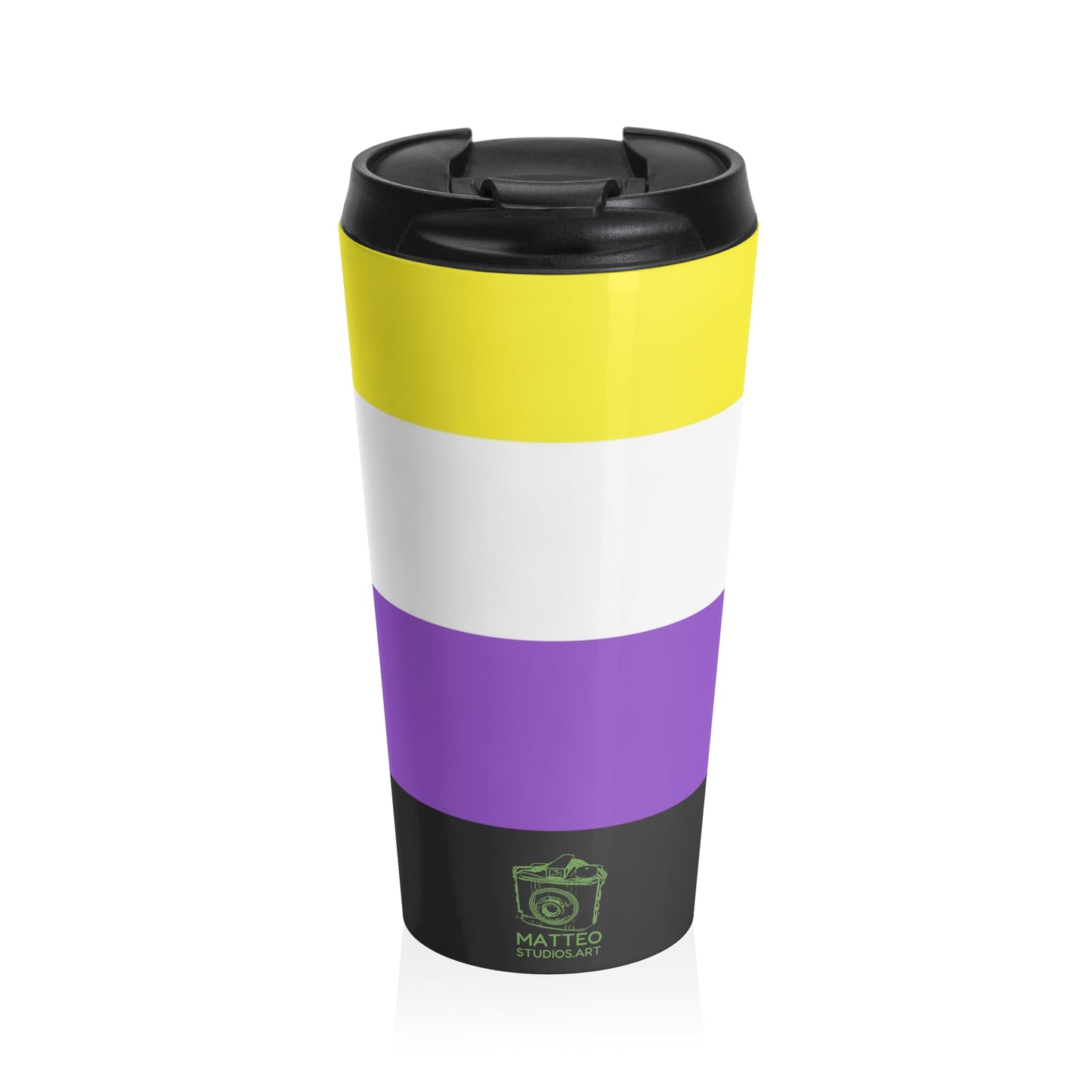 Nonbinary Pride Flag | Stainless Steel Travel Mug | 15oz | Yellow White Purple Black