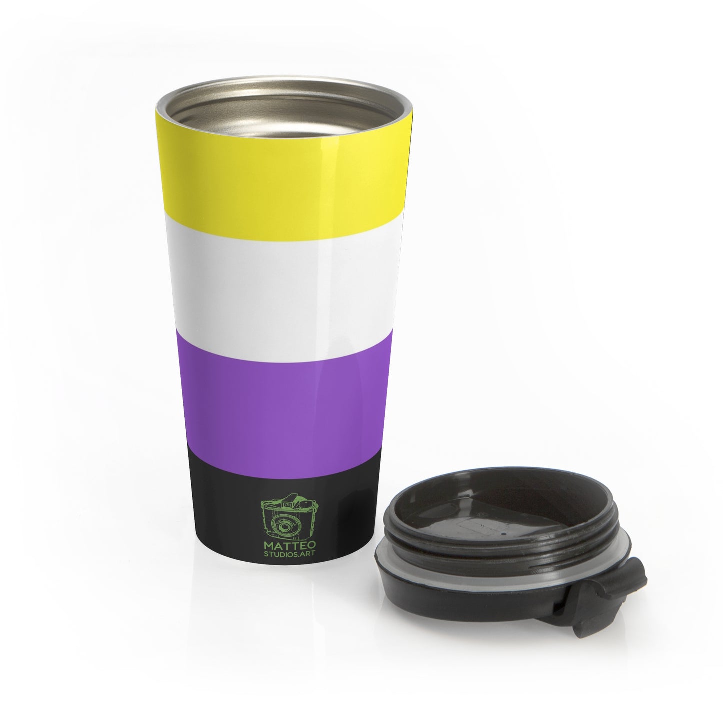 Nonbinary Pride Flag | Stainless Steel Travel Mug | 15oz | Yellow White Purple Black