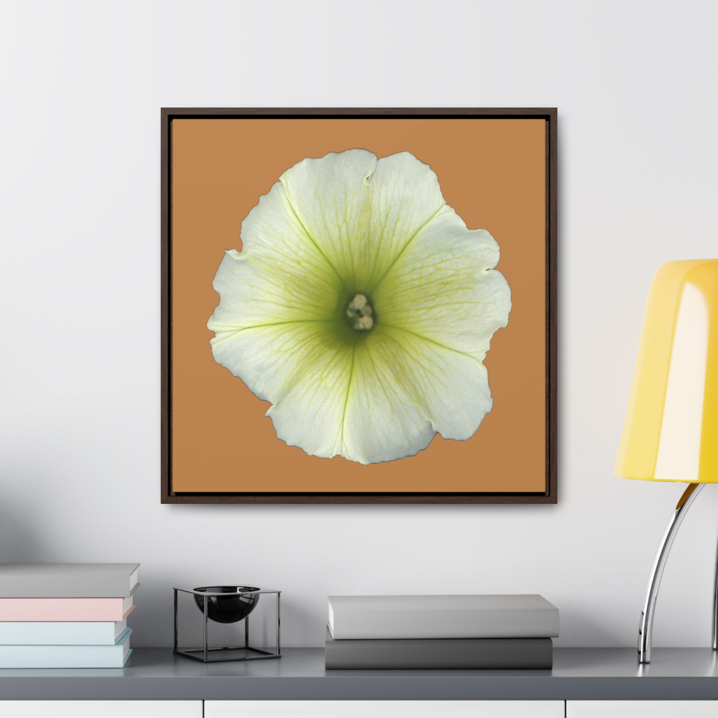 Petunia Flower Yellow-Green | Framed Canvas | Camel Brown Background