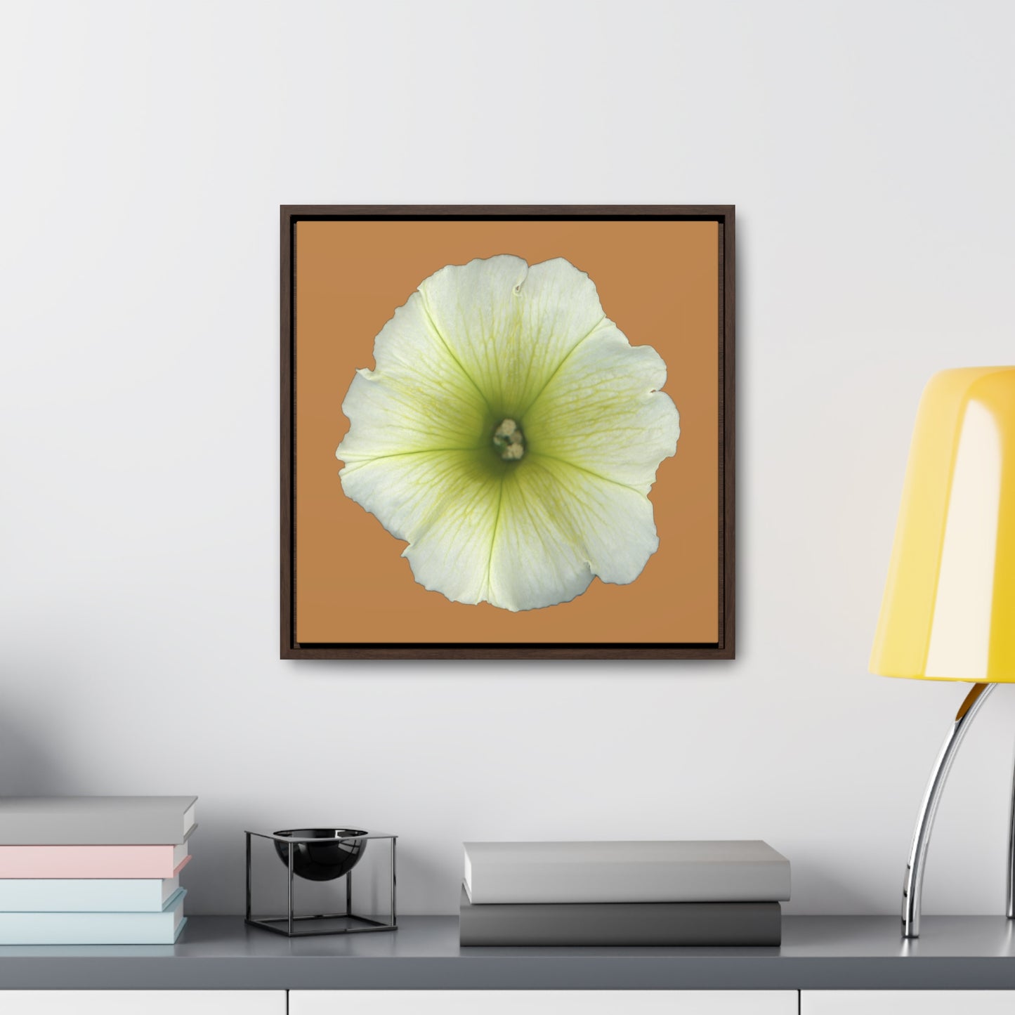 Petunia Flower Yellow-Green | Framed Canvas | Camel Brown Background