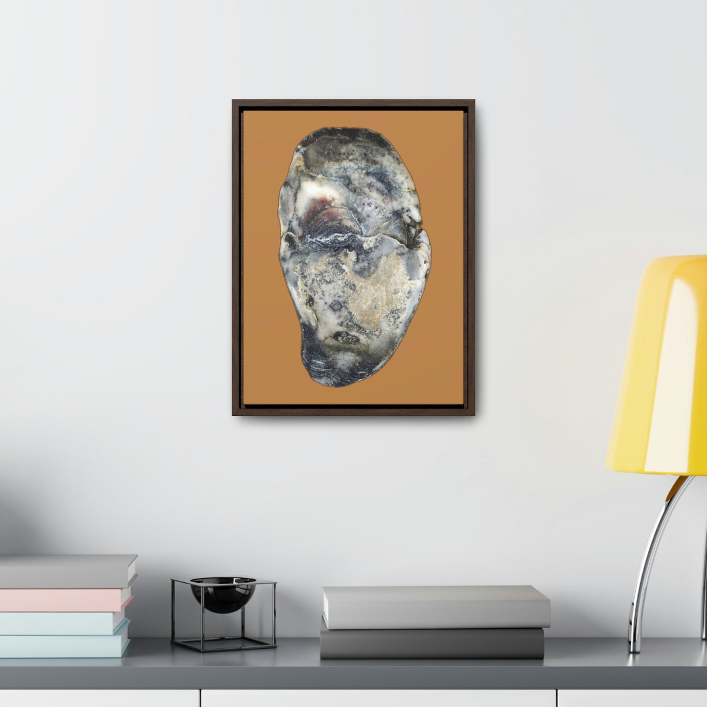 Oyster Shell Blue Right Interior | Framed Canvas | Camel Brown Background