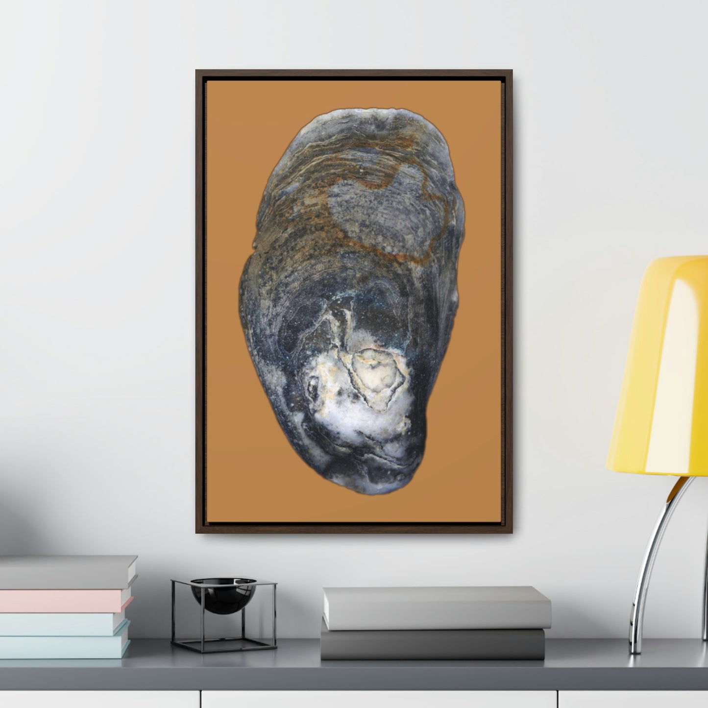 Oyster Shell Blue Right Exterior | Framed Canvas | Camel Brown Background