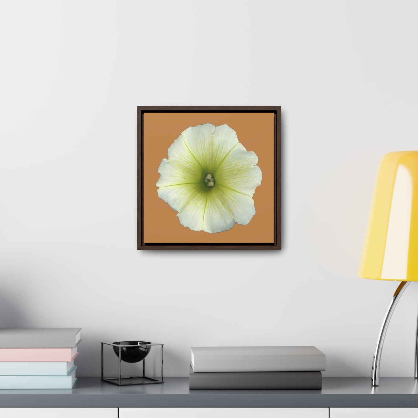 Petunia Flower Yellow-Green | Framed Canvas | Camel Brown Background