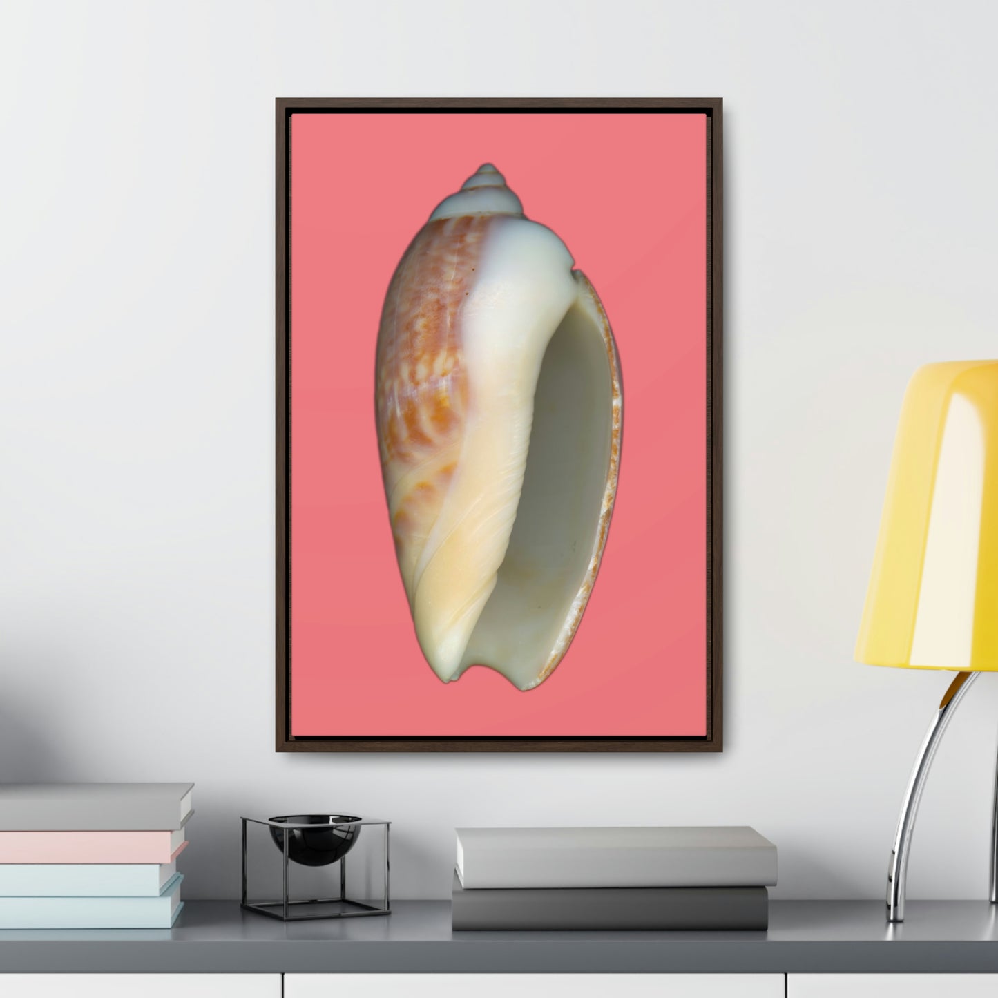 Olive Snail Shell Brown Apertural | Framed Canvas | Salmon Background